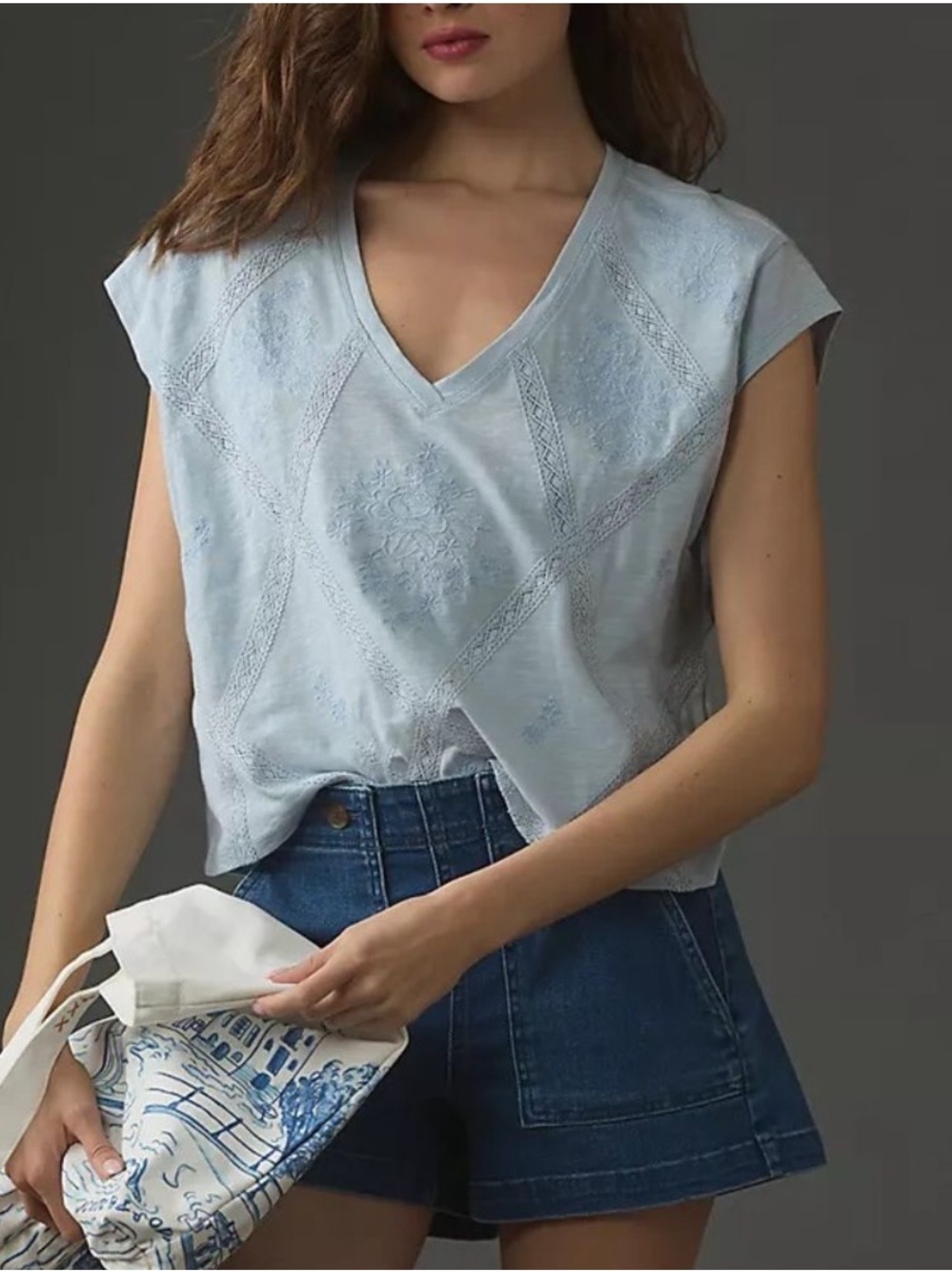 By Anthropologie Embroidered Lace Trim Tee, Size XXS (fits XS to S)